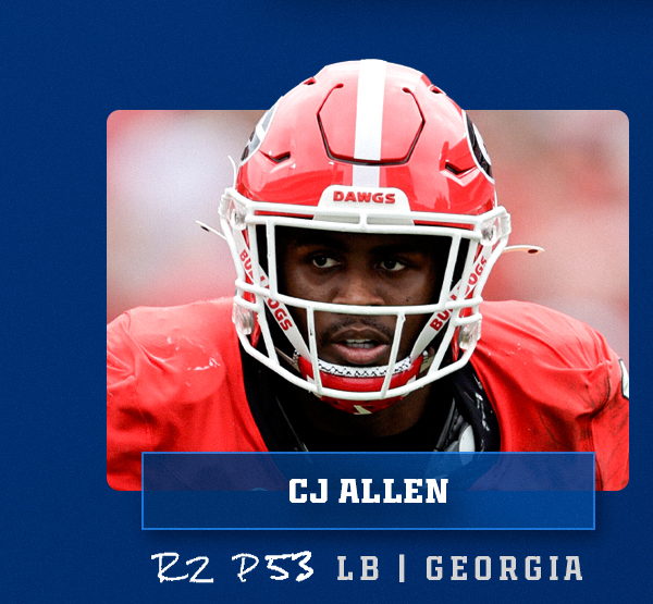 Round 2, Pick 53: Linebacker CJ Allen. Tap for details.
