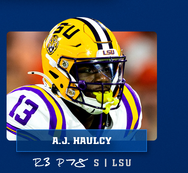 Round 3, Pick 78: Safety A.J. Haulcy. Tap for details.