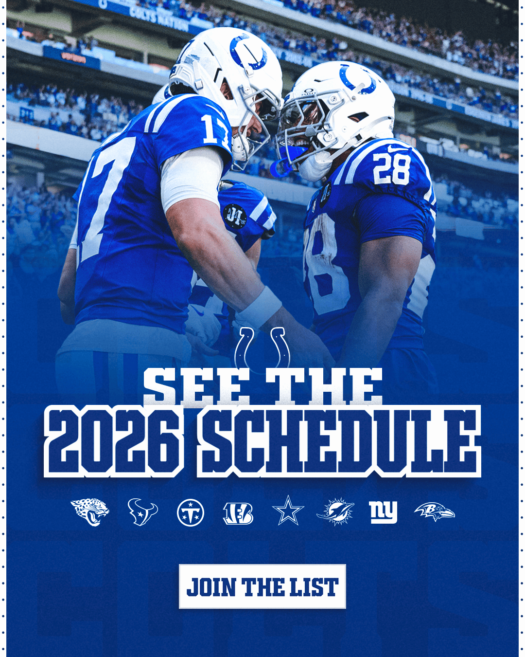 The Colts schedule will be released Thursday, May 14 at 7:30 p.m. Get notified >>