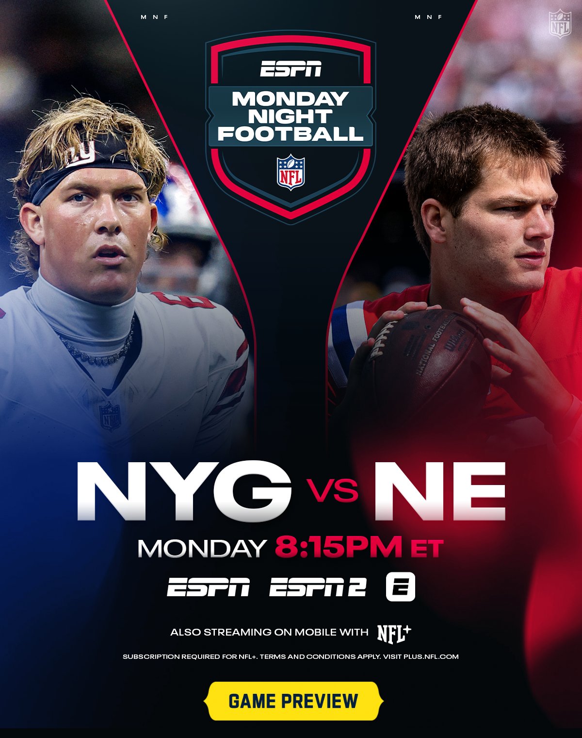 ESPN Monday Night Football. NYG vs NE Monday 8:15pm ET. Game Preview.