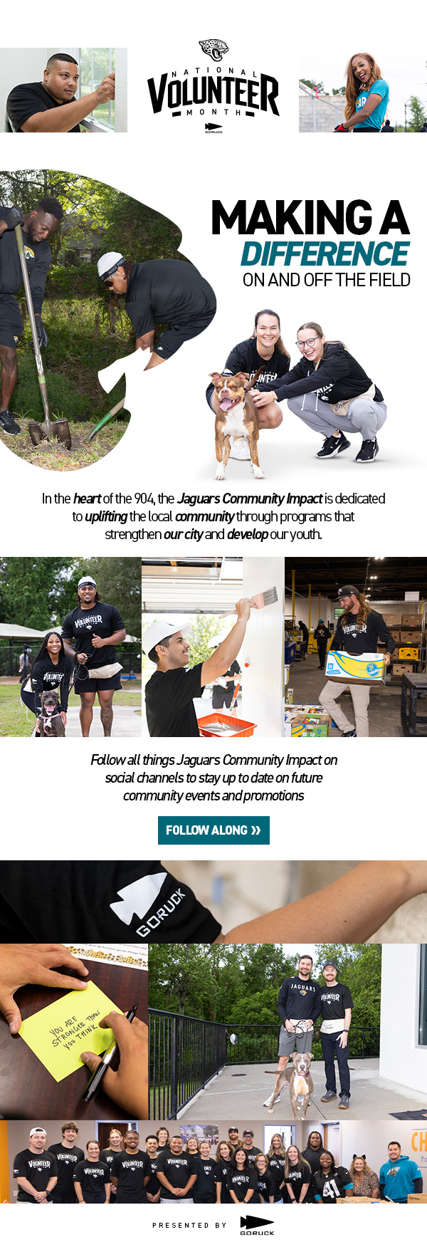 National Volunteer Month: Making a difference on and off the field. In the heart of the 904, the Jaguars Community Impact is dedicated to uplifting the local community through programs that strengthen our city and develop our youth. Follow all things Jaguars Community Impact on social channels to stay up to date on future community events and promotions.