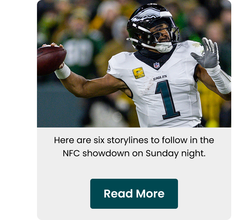 Here are six storylines to follow in the NFC showdown on Sunday night. Read More