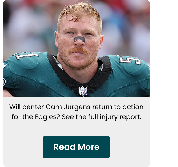 Will center Cam Jurgens return to action for the Eagles? See the full injury report. Read More.