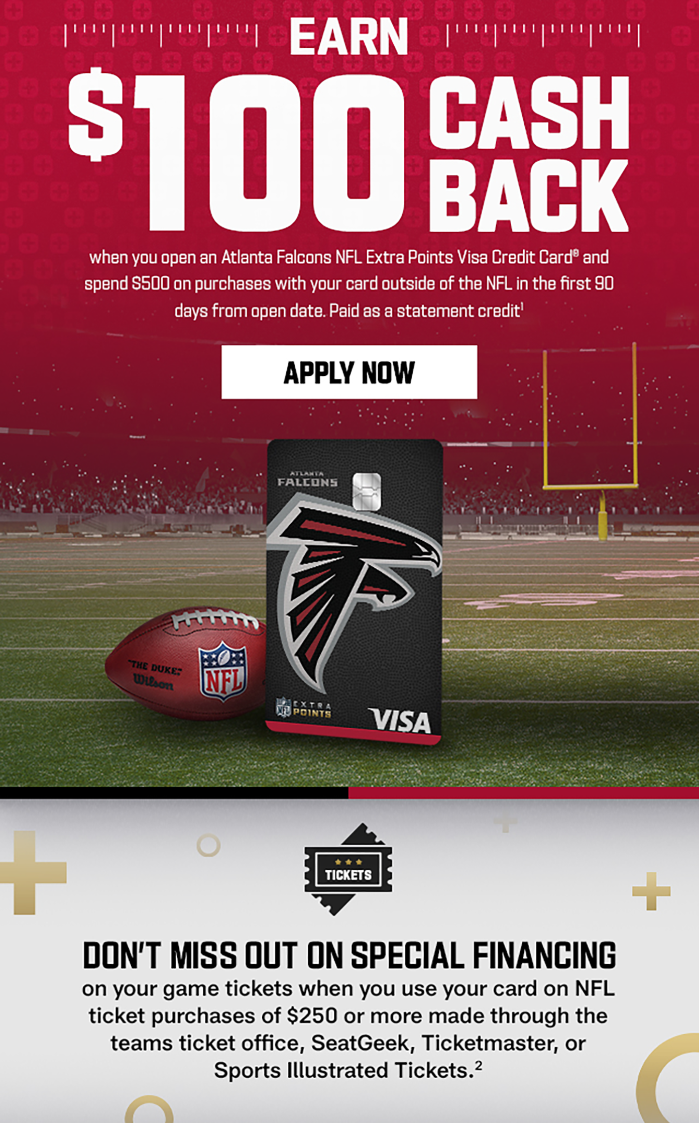 Earn $100 Cash Back when you open an Atlanta Falcons NFL Extra Point Visa Credit Card