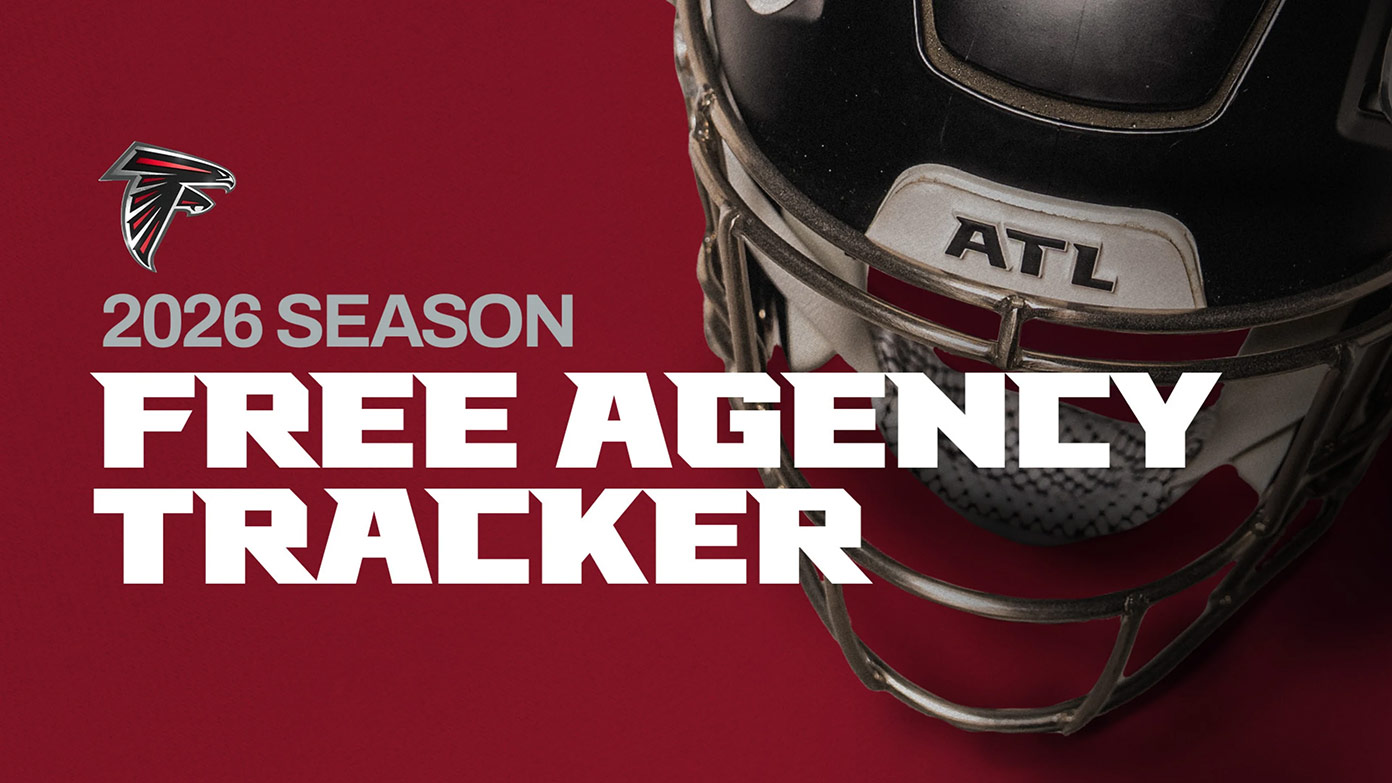 2026 Season Free Agency Tracker text with Falcons logo and helmet on red background