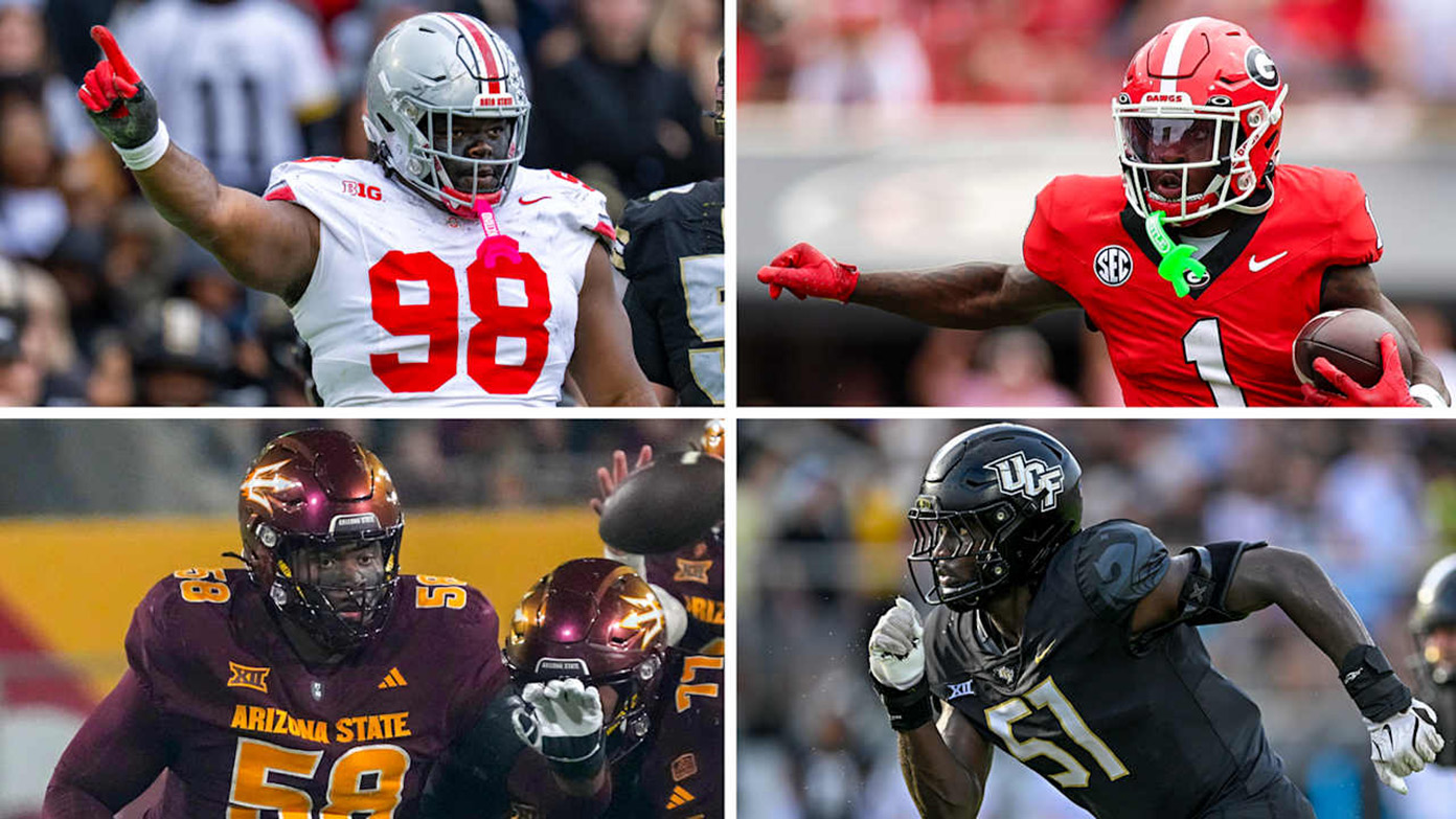 Four college football players in action shots from different teams.