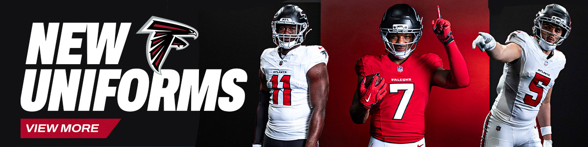 Jalon Walker, Bijan Robinson, and Drake London model the Atlanta Falcons’ new uniforms with “New Uniforms” and “View More” text.