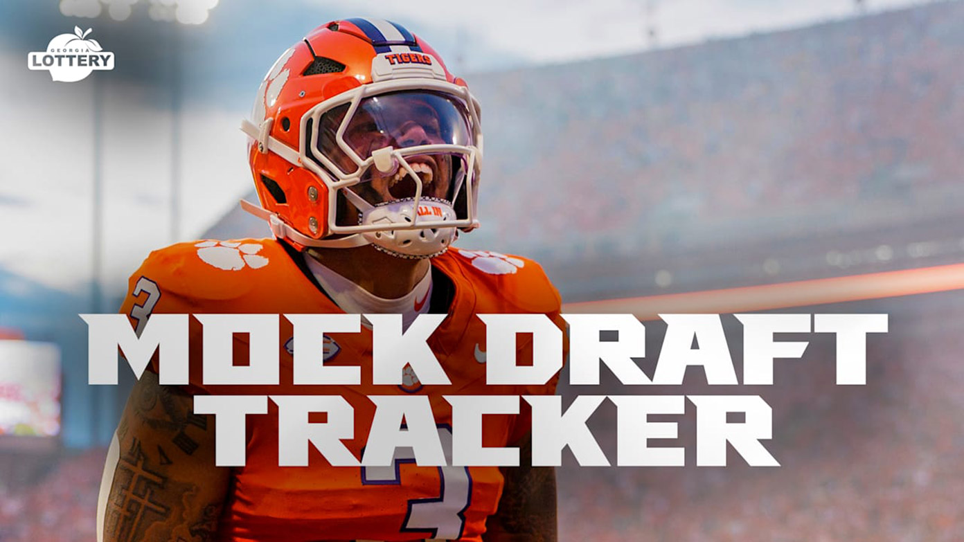 Clemson player T.J. Parker with text 'Mock Draft Tracker', presented by the Georgia Lottery