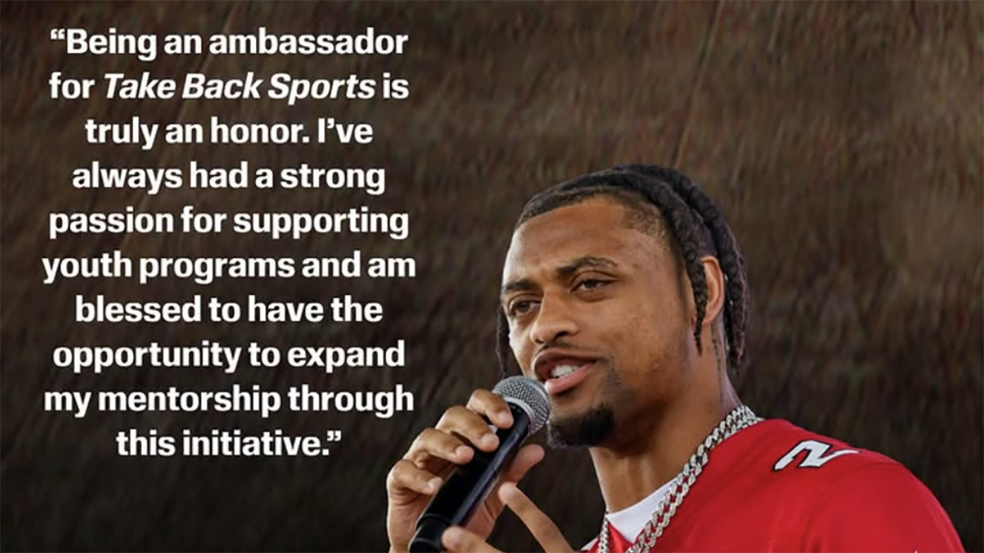 A.J. Terrell Jr. speaking at an event with quote: 'Being an ambassador for Take Back Sports is truly an honor. I've always had a strong passion for supporting youth programs and am blessed to have the opportunity to expand my mentorship through this initiative.'