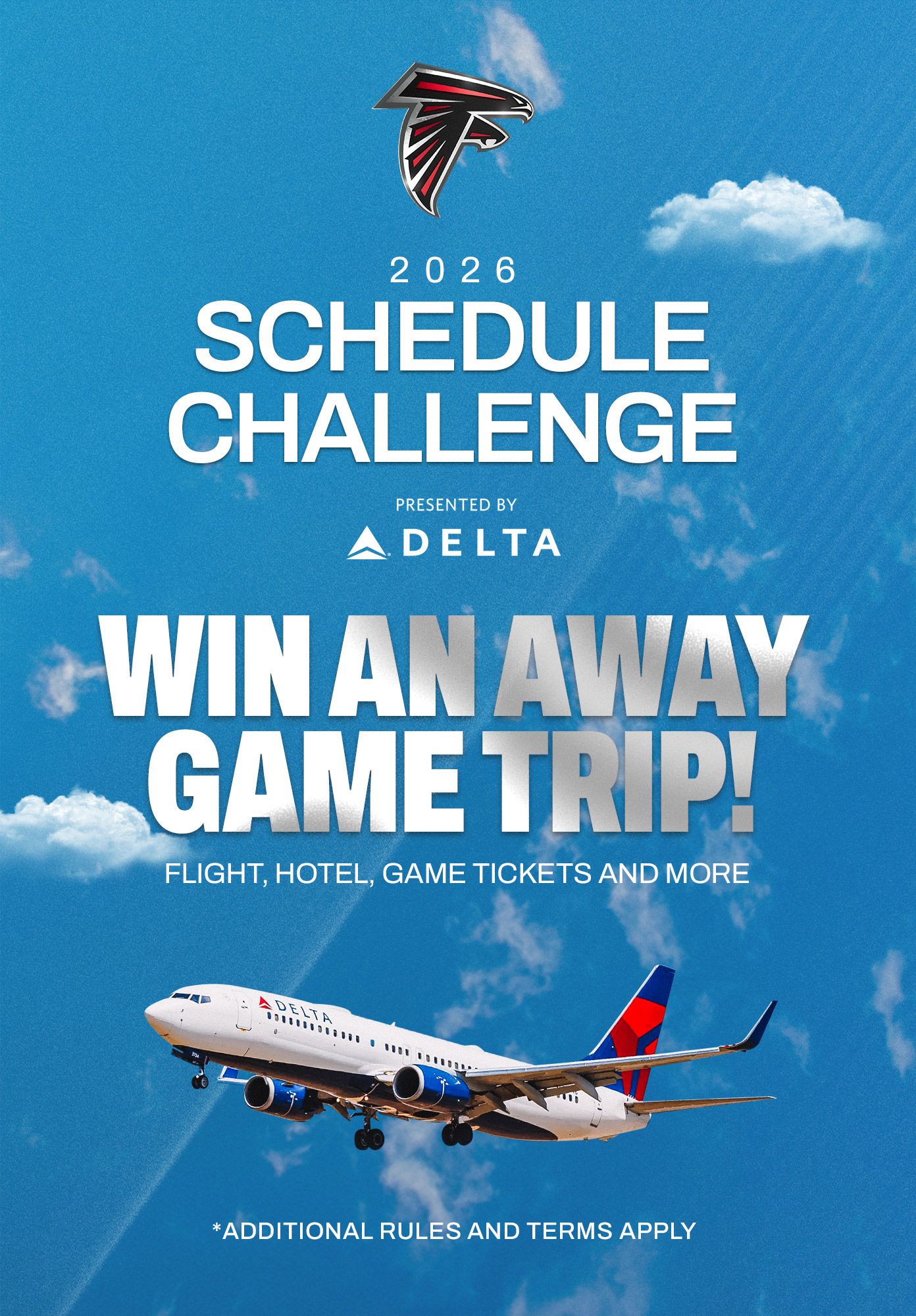 Falcons 2026 Schedule Challenge Presented By Delta | Win an Away Game Trip! | Flight, Hotel, Game Tickets and More. *Additional Rules and Terms Apply.
