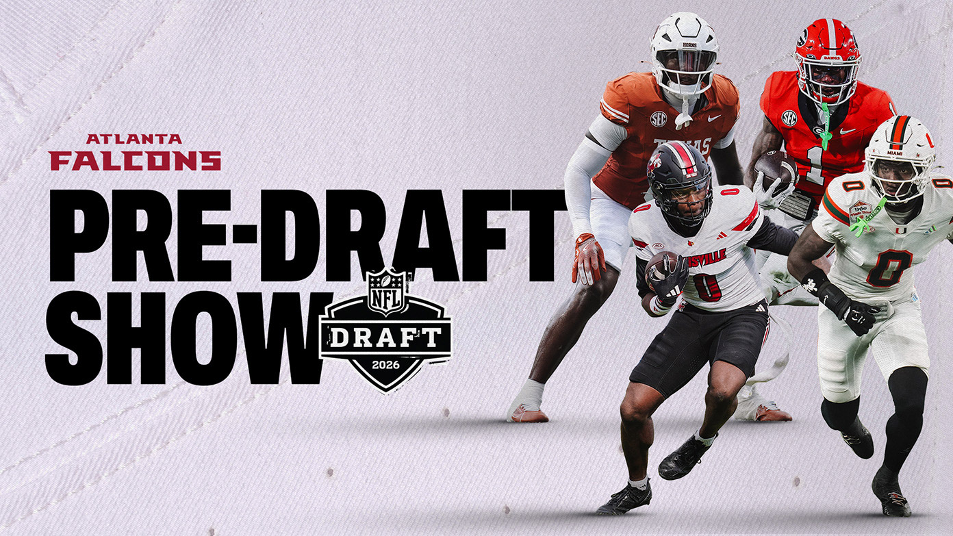 College football players pose with text 'Atlanta Falcons: Pre-Draft Show' | NFL Draft 2026
