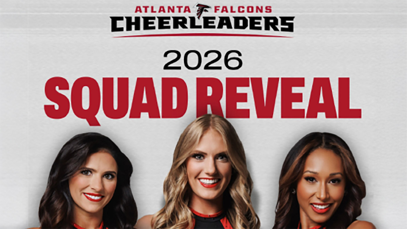 Atlanta Falcons Cheerleaders posing in front of text: 'Atlanta Falcons Cheerleaders: 2026 Squad Reveal'
