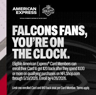 American Express | NFL Draft 2026 | Official Payments Partner of the NFL Draft. Falcons Fans, You're on the Clock. Eligible American Express Card Members® can enroll their Card to get $20 back after they spend $100 or more on qualifying purchases on NFLShop.com through 5/19/2026. Enroll by 4/26/2026. Limit one enrolled Card and $40 back total per Card Member. Terms apply. 