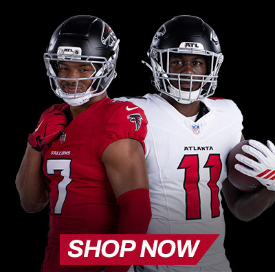 Bijan Robinson and Jalon Walker model the new uniforms with “Shop Now” text below