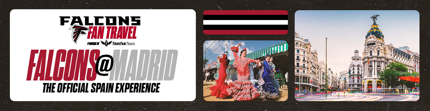 Falcons Fan Travel presented by Truefan Travel | Falcons @ Madrid: The Official Spain Experience, featuring flamenco dancers and iconic Madrid architecture.
