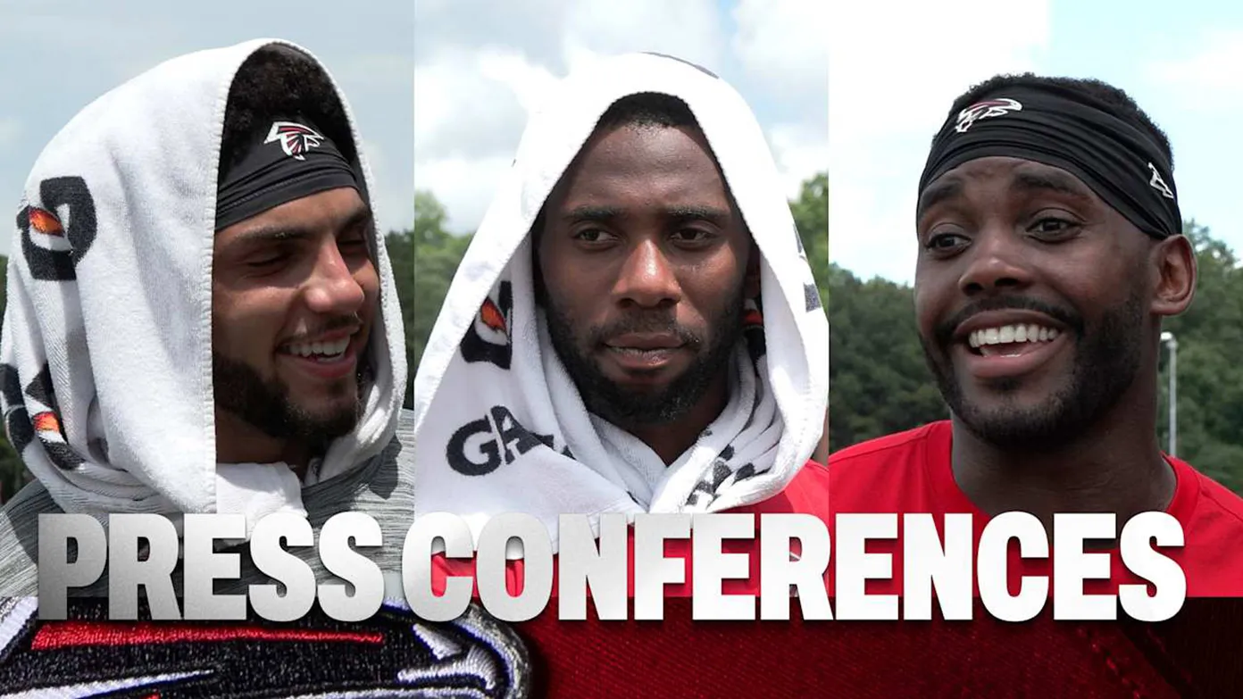 Falcons players with text 'Press Conferences'