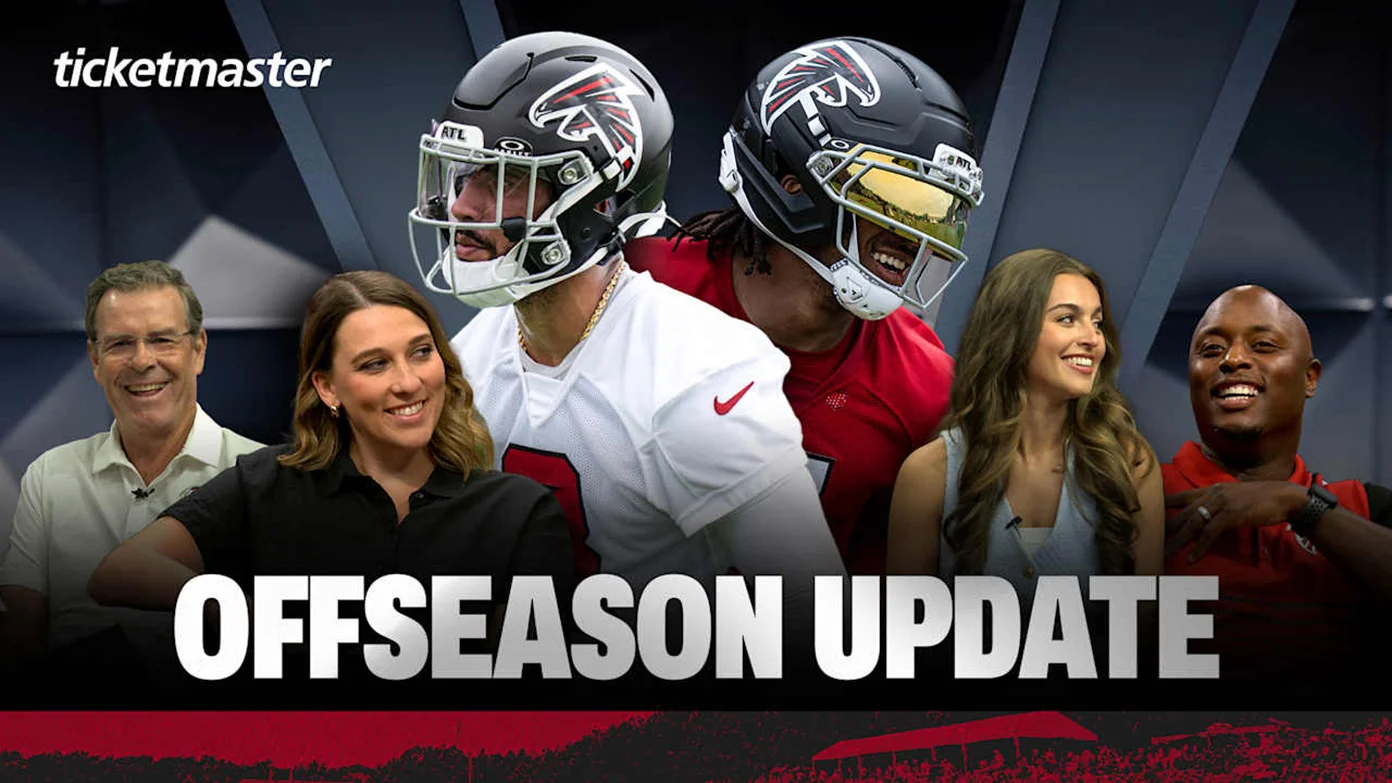Falcons pose by text 'Offseason Update' presented by Ticketmaster