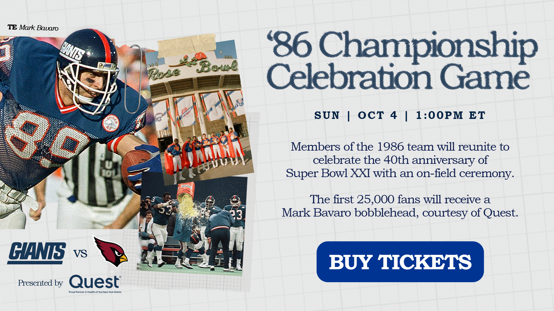 Buy tickets the '86 Championship Celebration Game where members of the 1986 team will reunite to celebrate the 40th anniversary of Super Bowl XXI