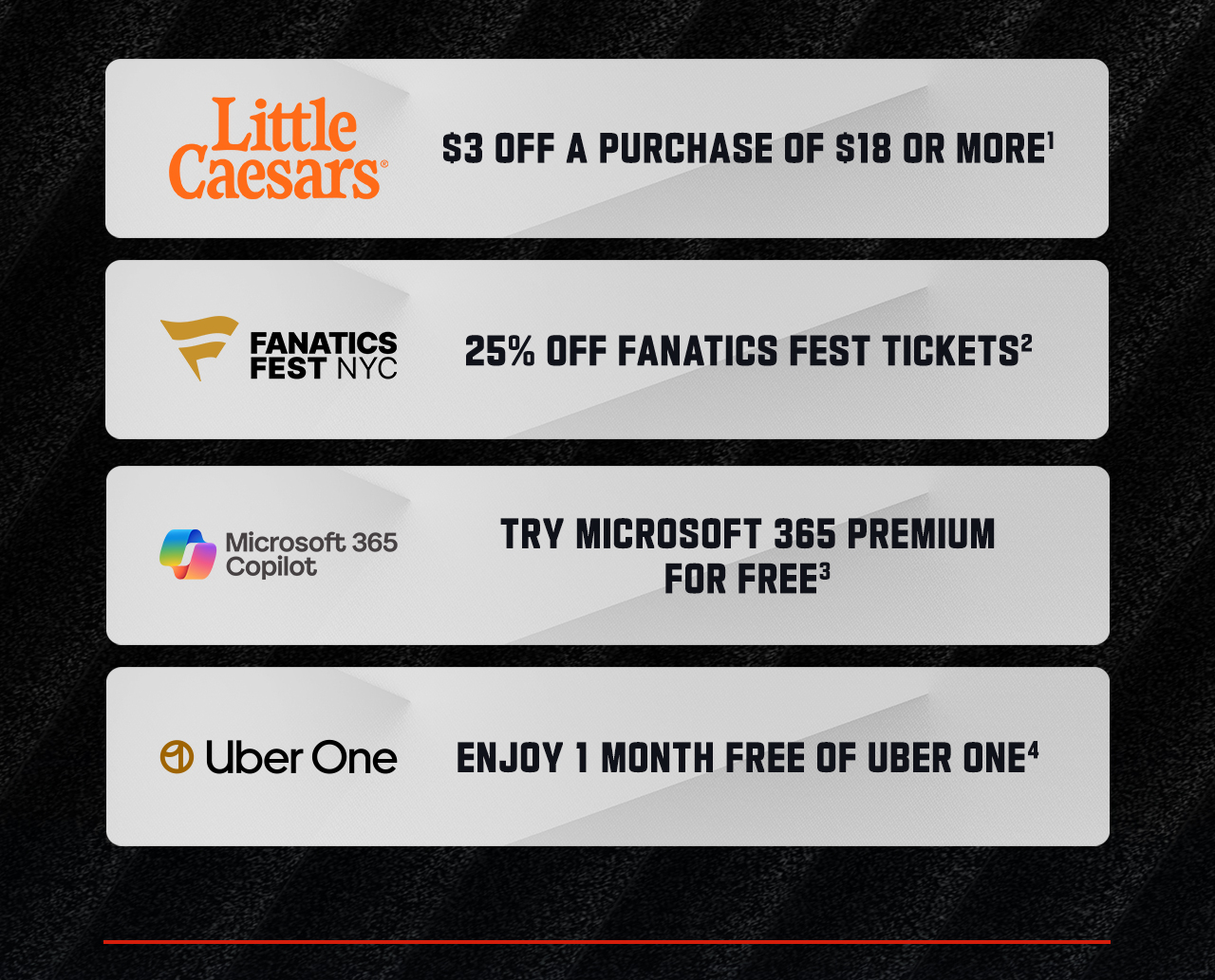 Little Caesars, Fanatics Fest NYC, Microsoft 365 Copilot, Uber One Deals.