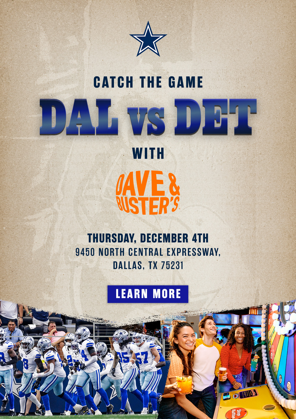 Catch the Cowboys at Lions game at Dave & Buster's
