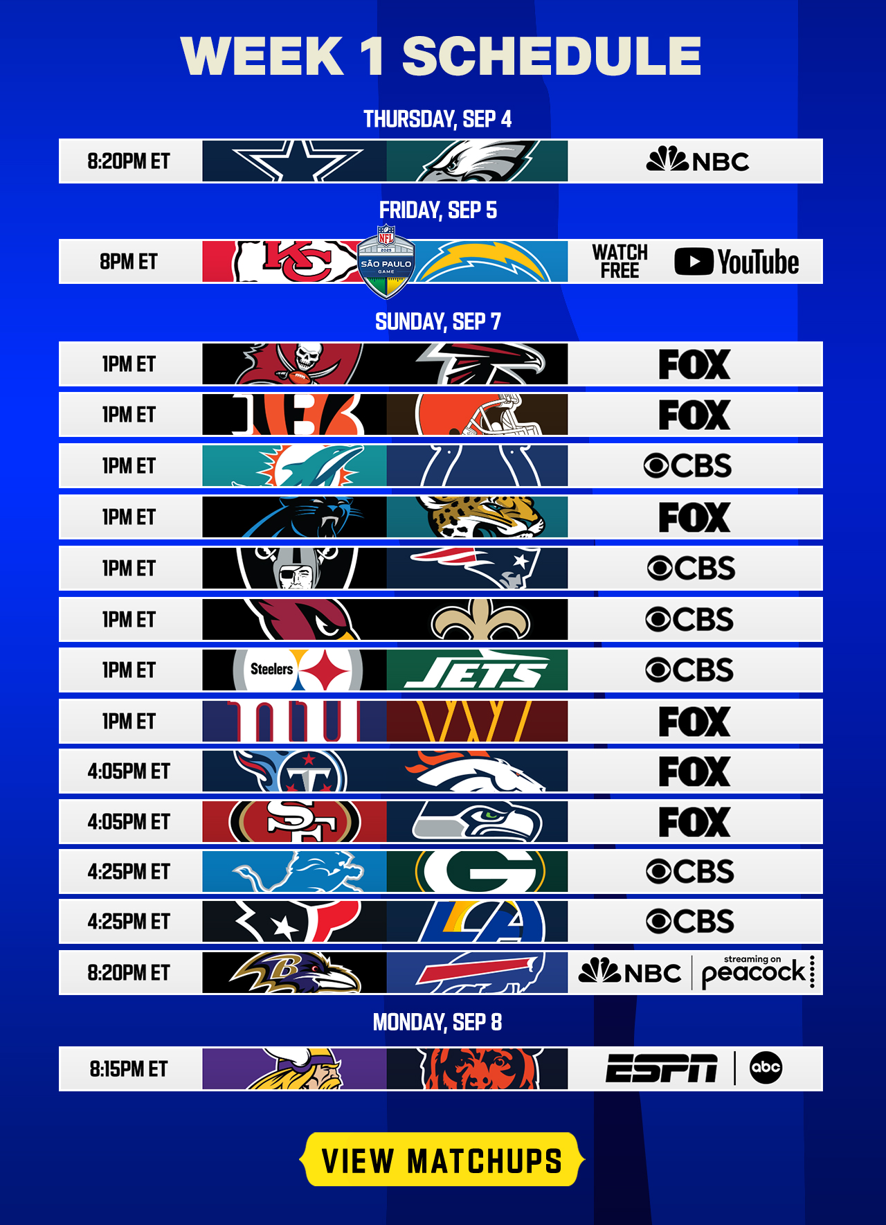KO Week 1 Schedule. CTA: View Matchups