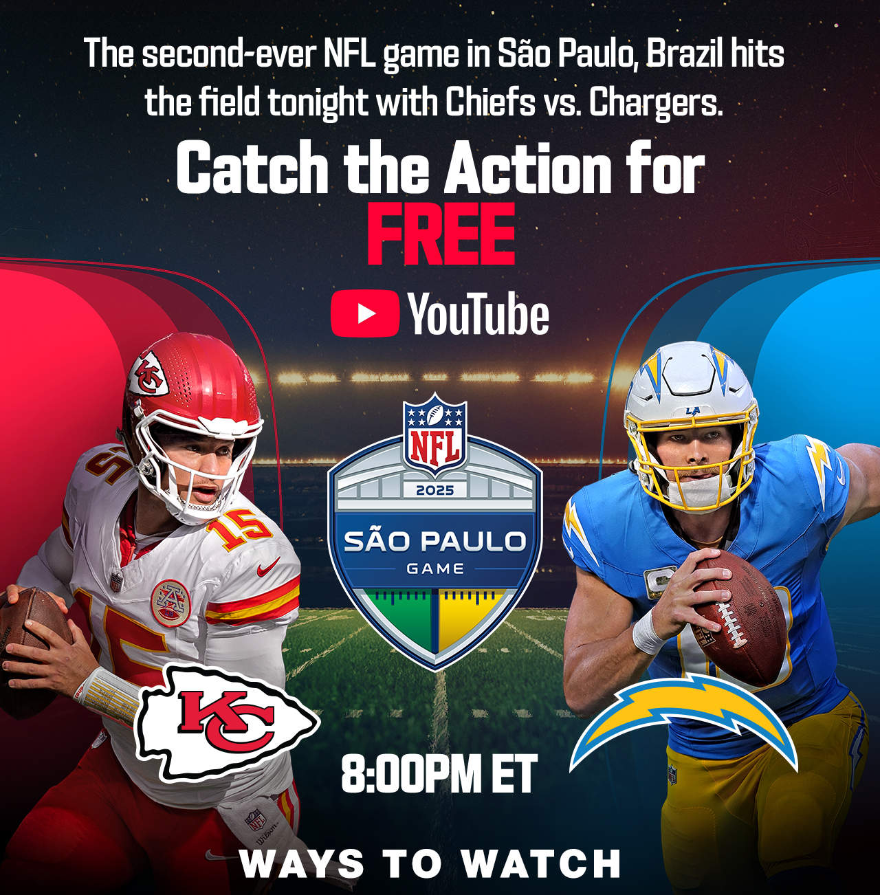 'The second-ever NFL game in São Paulo, Brazil hits the field tonight with Chiefs vs. Chargers. Catch the Action for FREE on YouTube. 8:00PM ET.