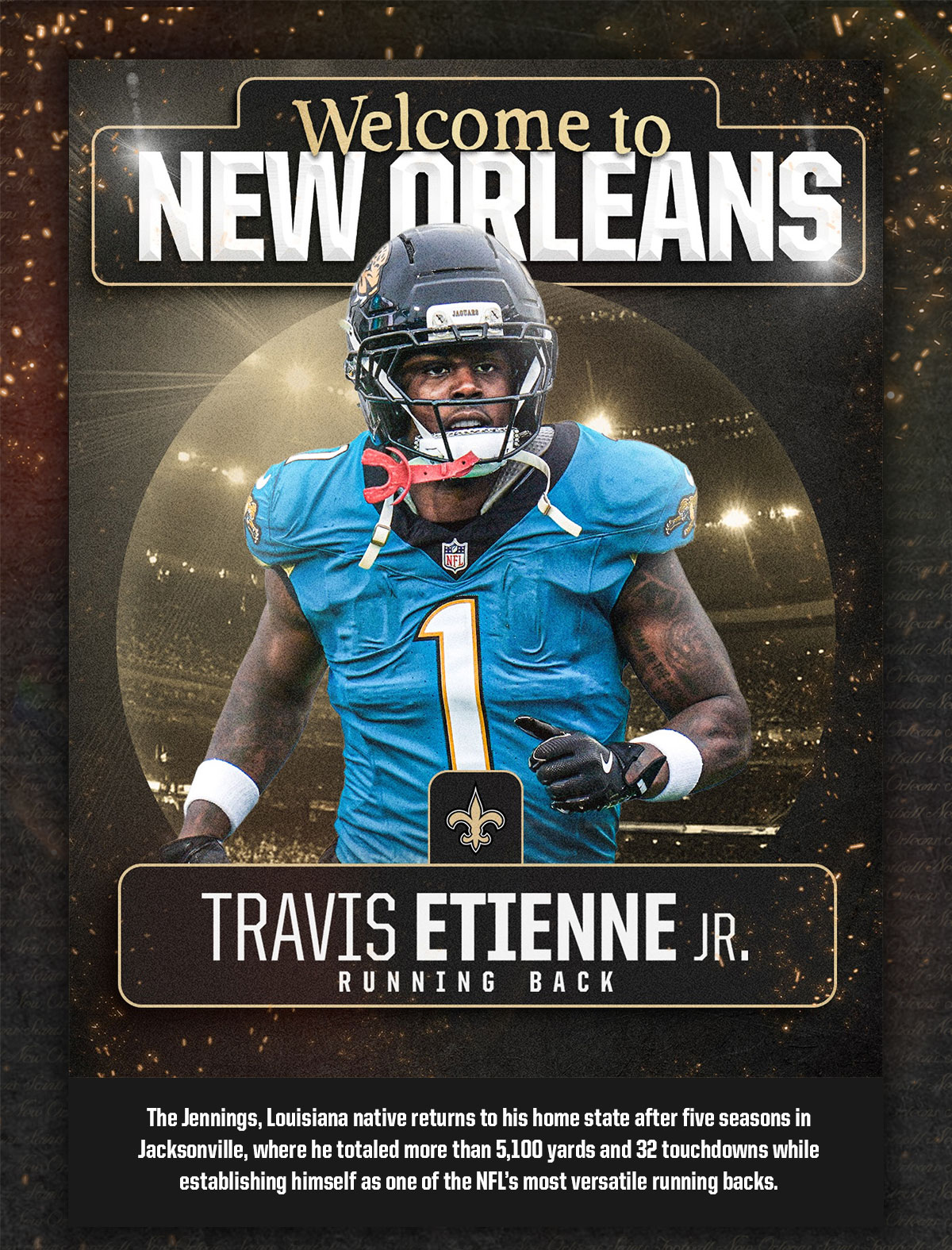 Welcome to New Orleans, Travis Etienne Jr - Running Back. The Jennings, Louisiana native returns to his home state after 5 seasons in Jacksonville, where he totaled more than 5,100 yards and 32 touchdowns while establishing himself as one fo the NFL's most versatile running backs.