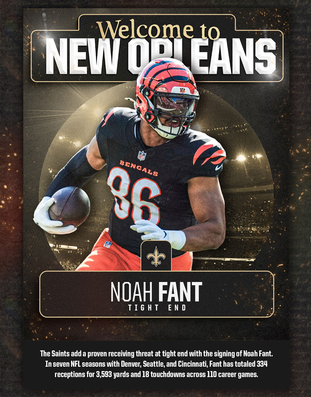 Welcome to New Orleans, Noath Fant - Tight End. The Saints add a proven receiving tghreat at tight end with the signing of Noah Fant. In seven NFL season with Denver, Seattle, and Cincinnati, Fant has totaled 334 receptions for 3,593 yards and 18 touchdowns across 110 career games.