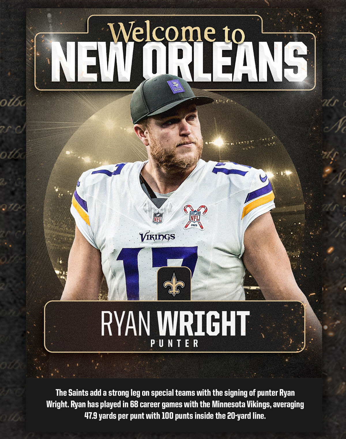 Welcome to New Orleans, Ryan Wright - Punter. The Saints add a strong leg on special teams with the signing of punter Ryan Wright. Ryan has played in 68 career games with the Minnesota Vikings, averaging 47.9 yards per punt with 100 punts inside the 20-yard line.