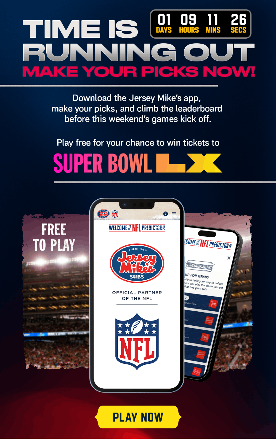 Download the Jersey Mike's app, make your picks, and climb the leaderboard before this weekend's games kick off. Play now. 