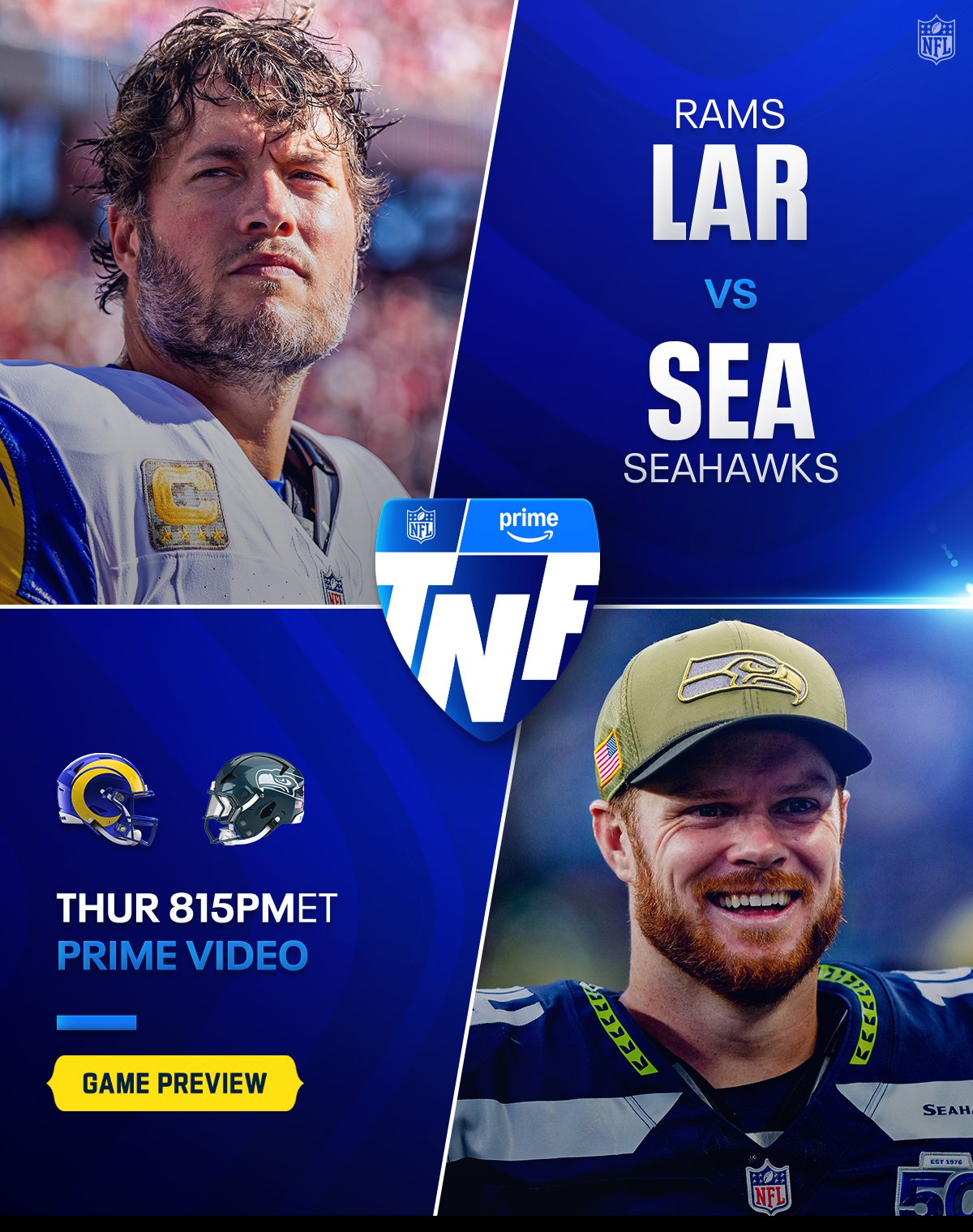 Rams VS. Seahawks THUR 815PM ET Prime Video. TNF. Game Preview.