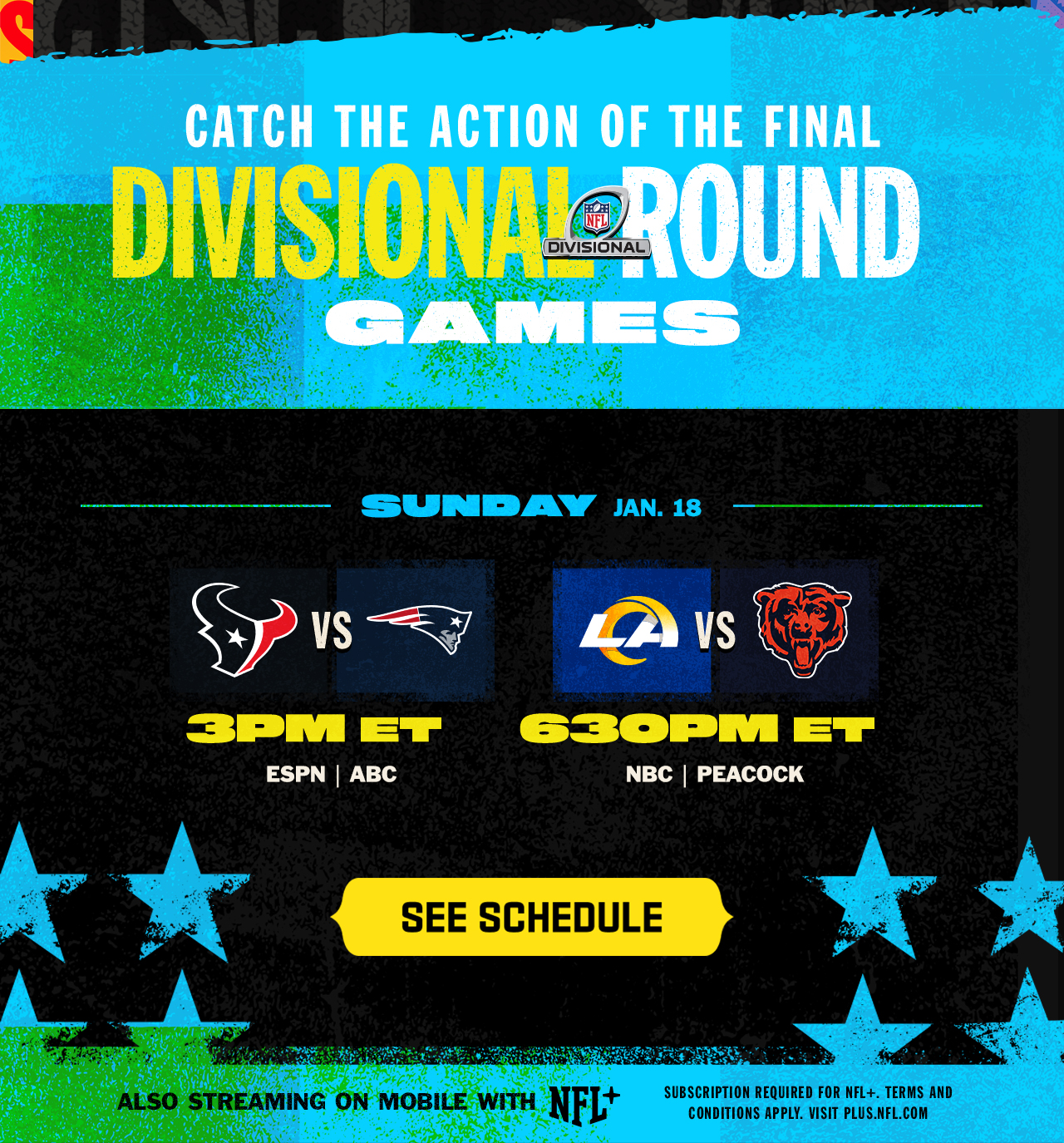 Catch The Action Of The Final Divisional Round Games. See Schedule.