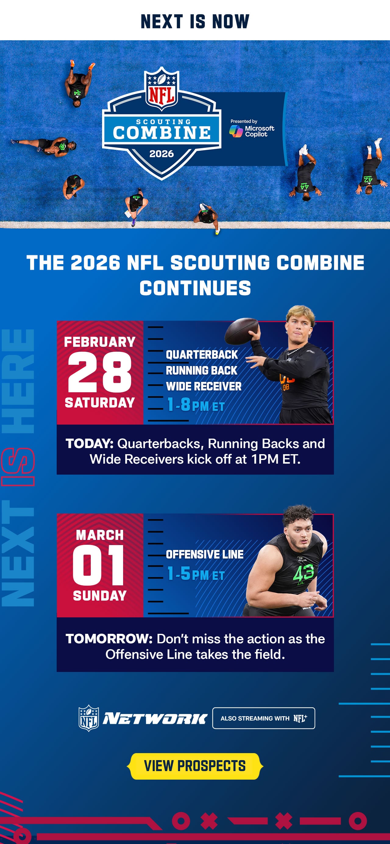 The 2026 NFL Scouting Combine Continues. See Full Schedule.