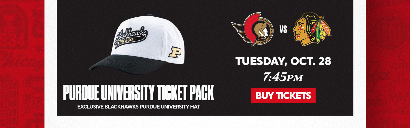 Purdue University Ticket Pack - Exclusive Blackhawks Purdue University Hat - Tuesday, Oct 28 vs Senators