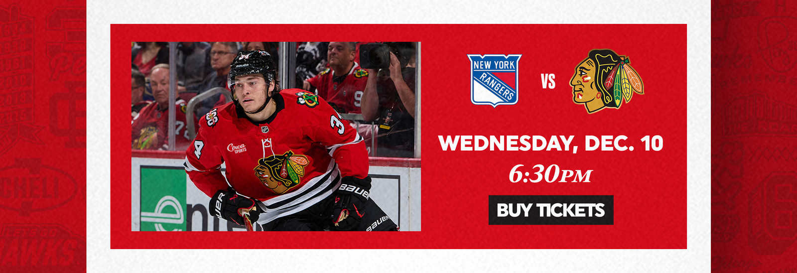 Blackhawks vs Rangers - Wednesday, December 10 at 6:30pm