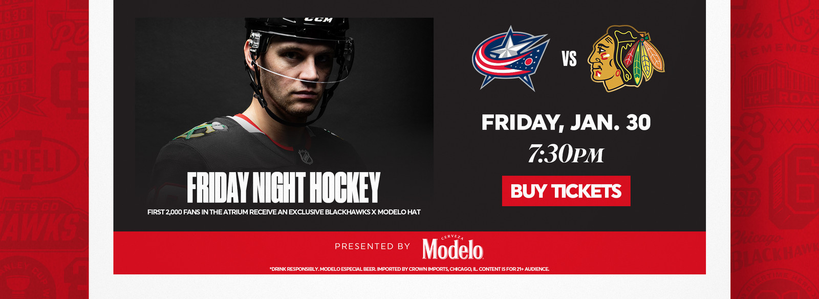 Friday Night Hockey - Blackhawks vs Blue Jackets - Friday, January 30 at 7:30pm