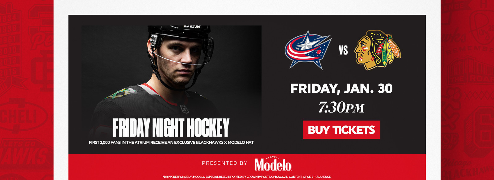 Friday Night Hockey - Blackhawks vs Blue Jackets - Friday, January 30 at 7:30pm