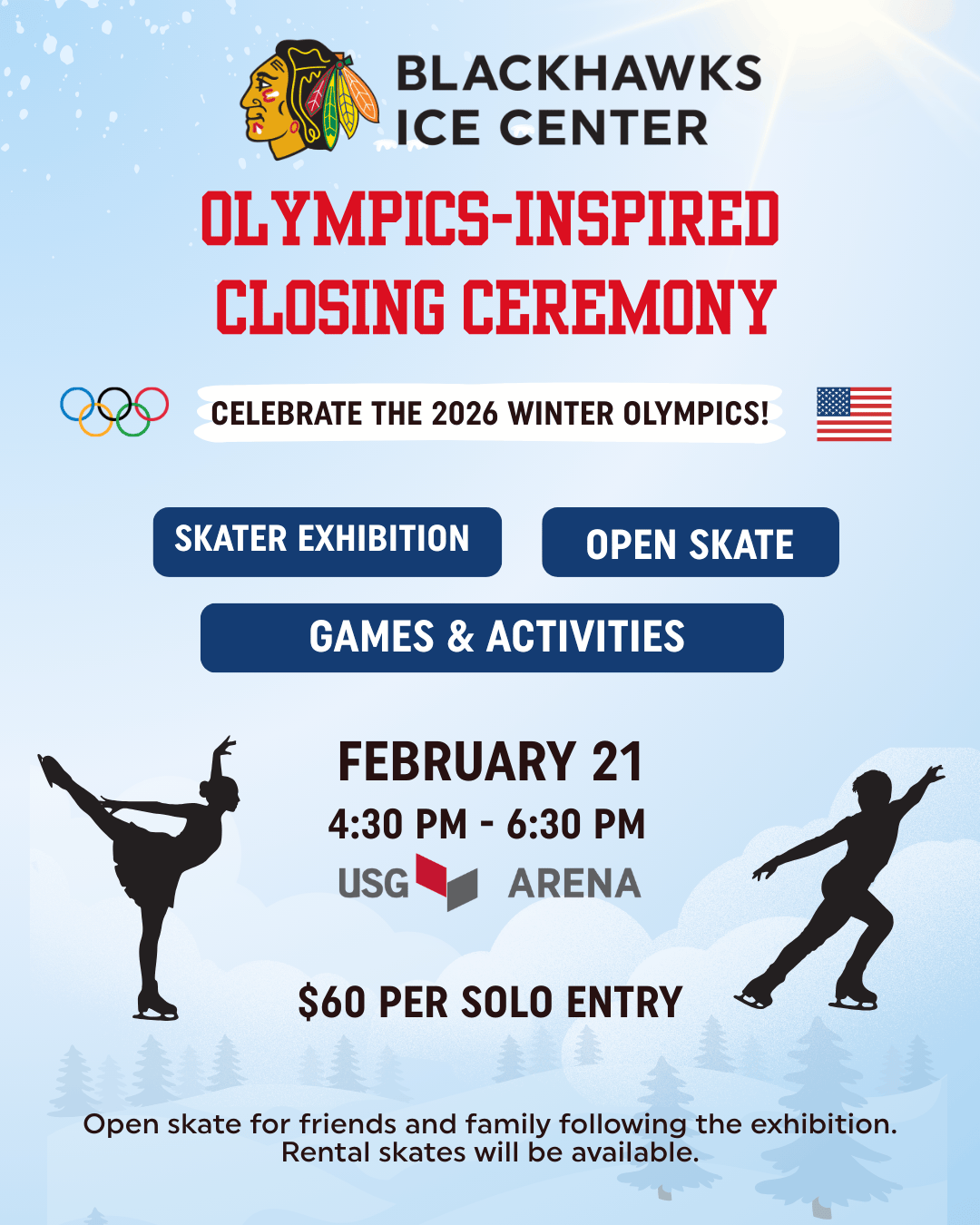 Olympics-inspired event at Blackhawks Ice Center on Feb 21 with skating and activities.