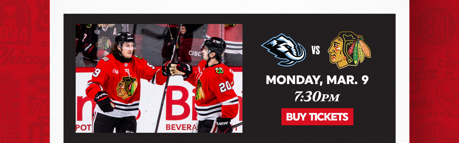 Hockey players celebrating; game on March 9 at 7:30 PM. Buy tickets.