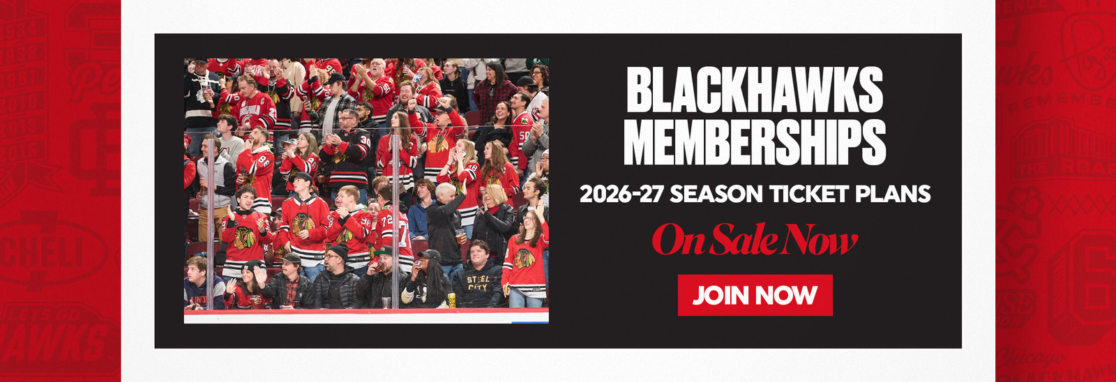 Fans in Blackhawks jerseys cheering; season tickets on sale now.