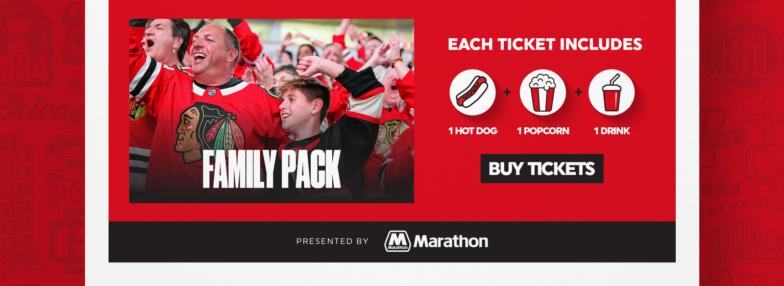 Family Pack offer includes hot dog, popcorn, drink. Buy tickets button. Presented by Marathon.