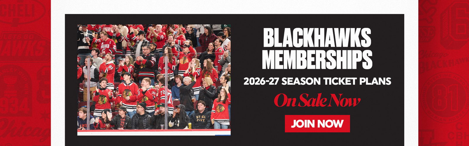 Blackhawks fans cheering; 2026-27 season tickets on sale now. Join Now button included.
