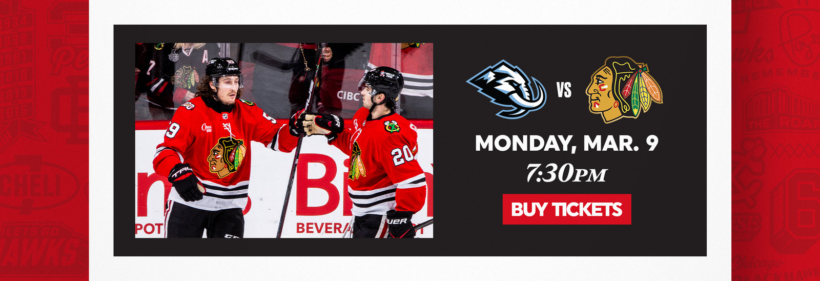 Hockey players celebrate; game on March 9 at 7:30 PM. Buy tickets.