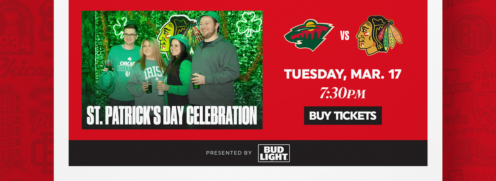 St. Patrick's Day celebration with people in green and hockey game details for March 17.