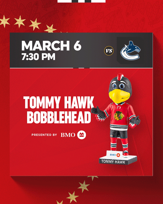 Hockey game on March 6 at 7:30 PM with Tommy Hawk bobblehead promo.