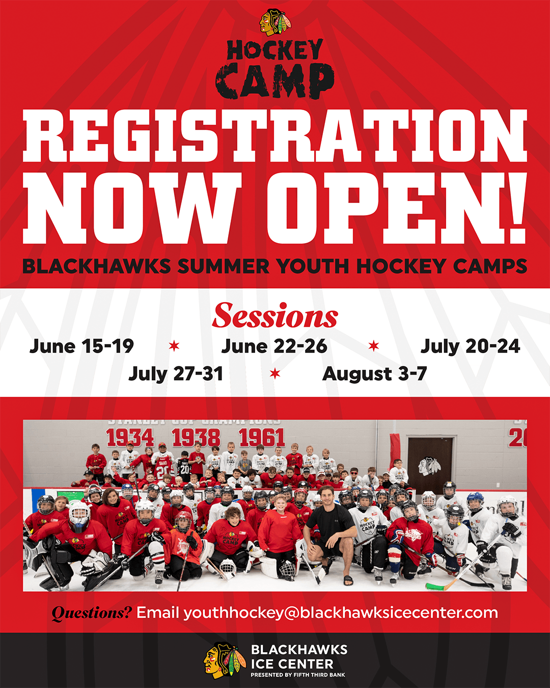 Registration open for Blackhawks Youth Hockey Camps, June-August. Contact: youthhockey@blackhawksicecenter.com.