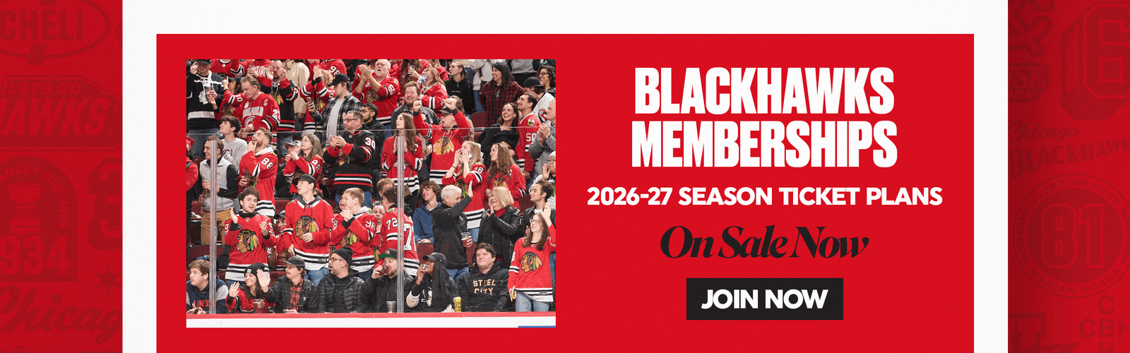 Fans in jerseys cheering; Blackhawks 2026-27 season tickets on sale now.