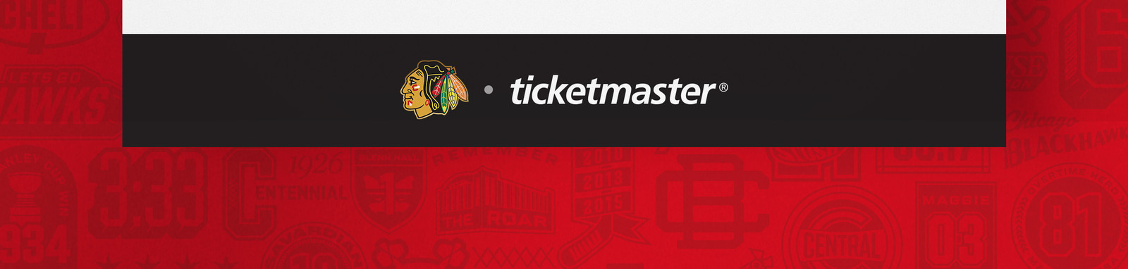 Black banner with Native American logo and "ticketmaster" text on red sports-themed background.