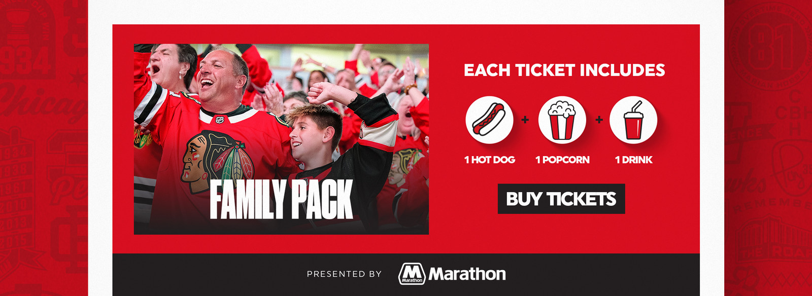 Family Pack offer: ticket includes hot dog, popcorn, drink. Buy tickets button. Presented by Marathon.