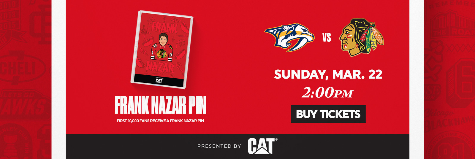 Hockey game promo for March 22, 2:00 PM, featuring a Frank Nazar pin giveaway.